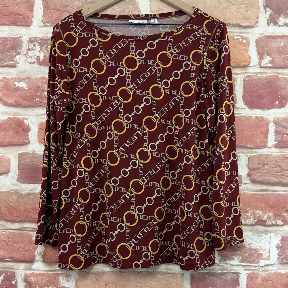Susan Graver Top Women's M Burgundy Multicolor Chain Link Zip Shoulder Shirt